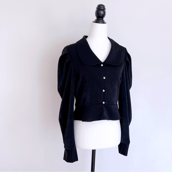 Elegant Vintage Puff Sleeve Blouse – Black Pearl Button-Up Top. 95%new condition - Picture 2 of 10